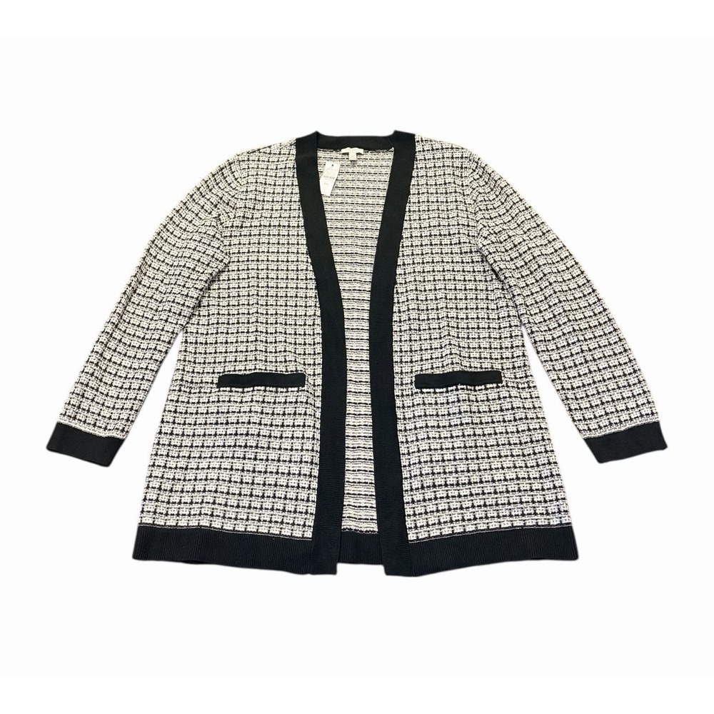 Talbots Womens MP Sweater Open Cardigan Black White Long Sleeve Cotton Blend NWT